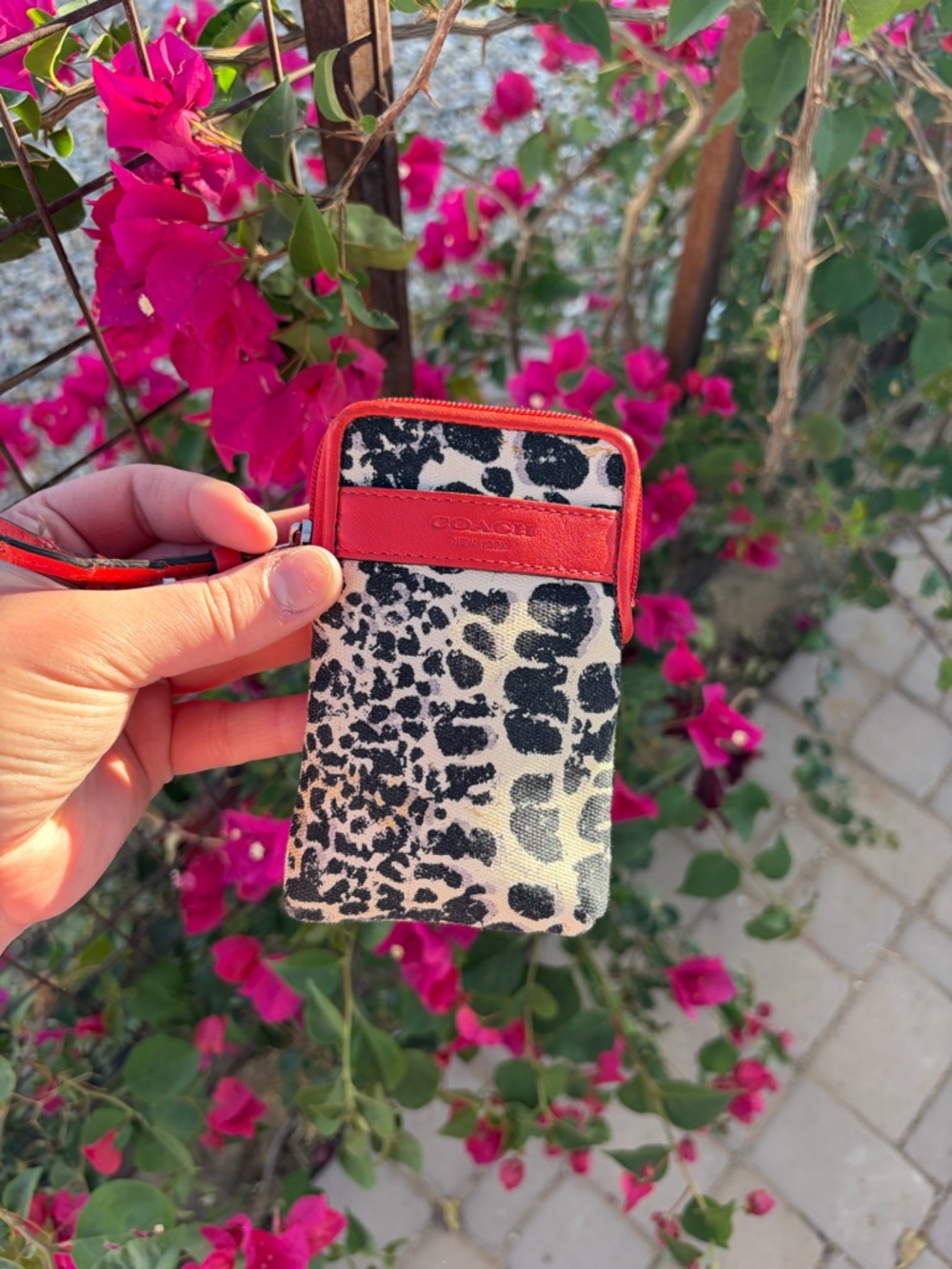 Coach Animal Print Phone Wristlet in Black & Red Trim